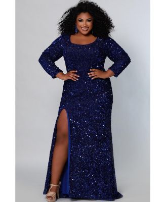Women's Long Sleeve Fitted Scoop Neck Sequin Plus Size Gown