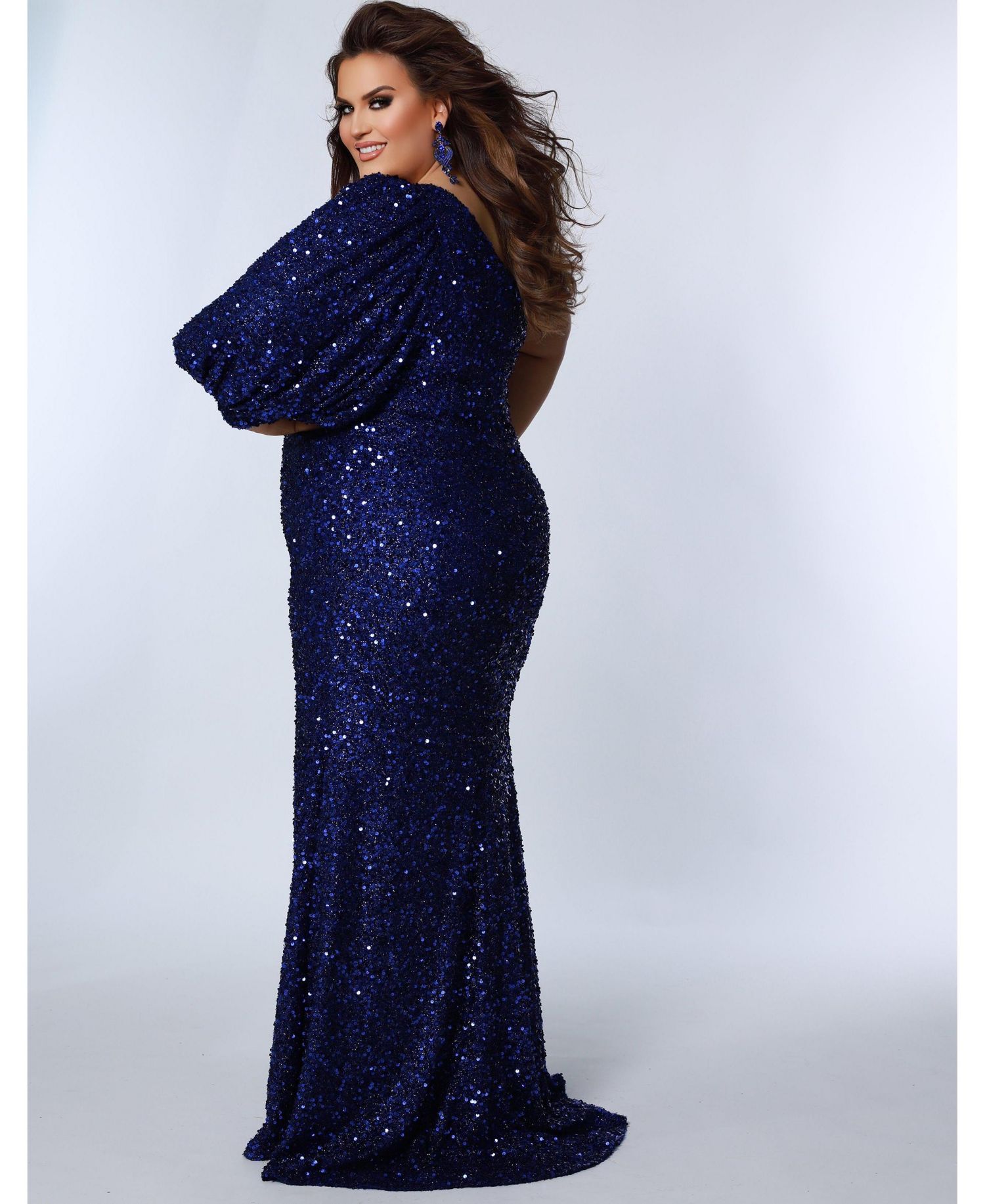 Women's One-Shoulder Pouf Sleeve Sequin Plus Size Evening Gown