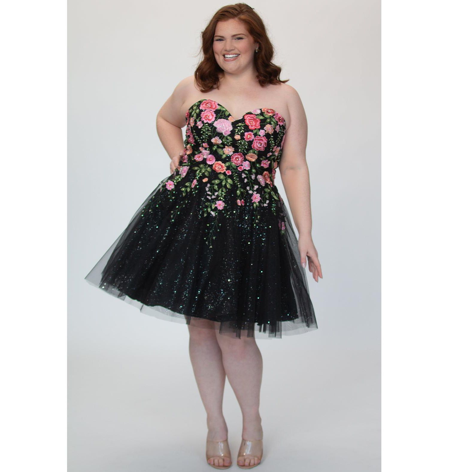 Plus Size Strapless Floral Embroidered Sparkle Tulle Short Party Dress