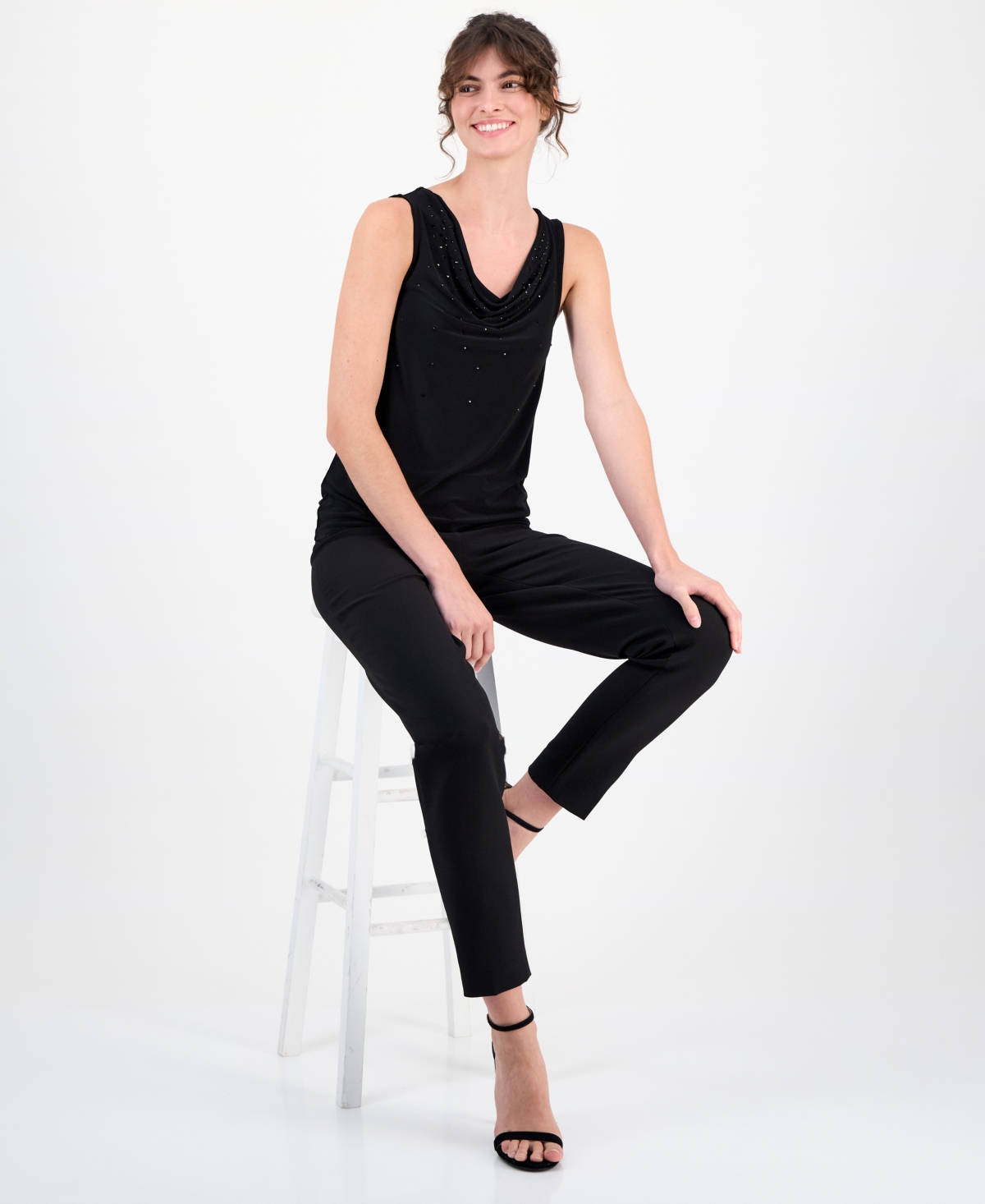Anne Klein Women's Embellished Cowl-neck Tank In Black