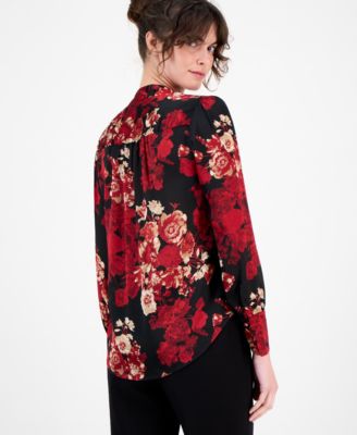 Women's Floral-Print Split-Neck Blouse