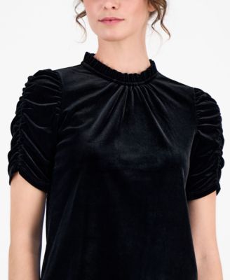 Women's Velour Ruffle-Neck Short-Sleeve Top