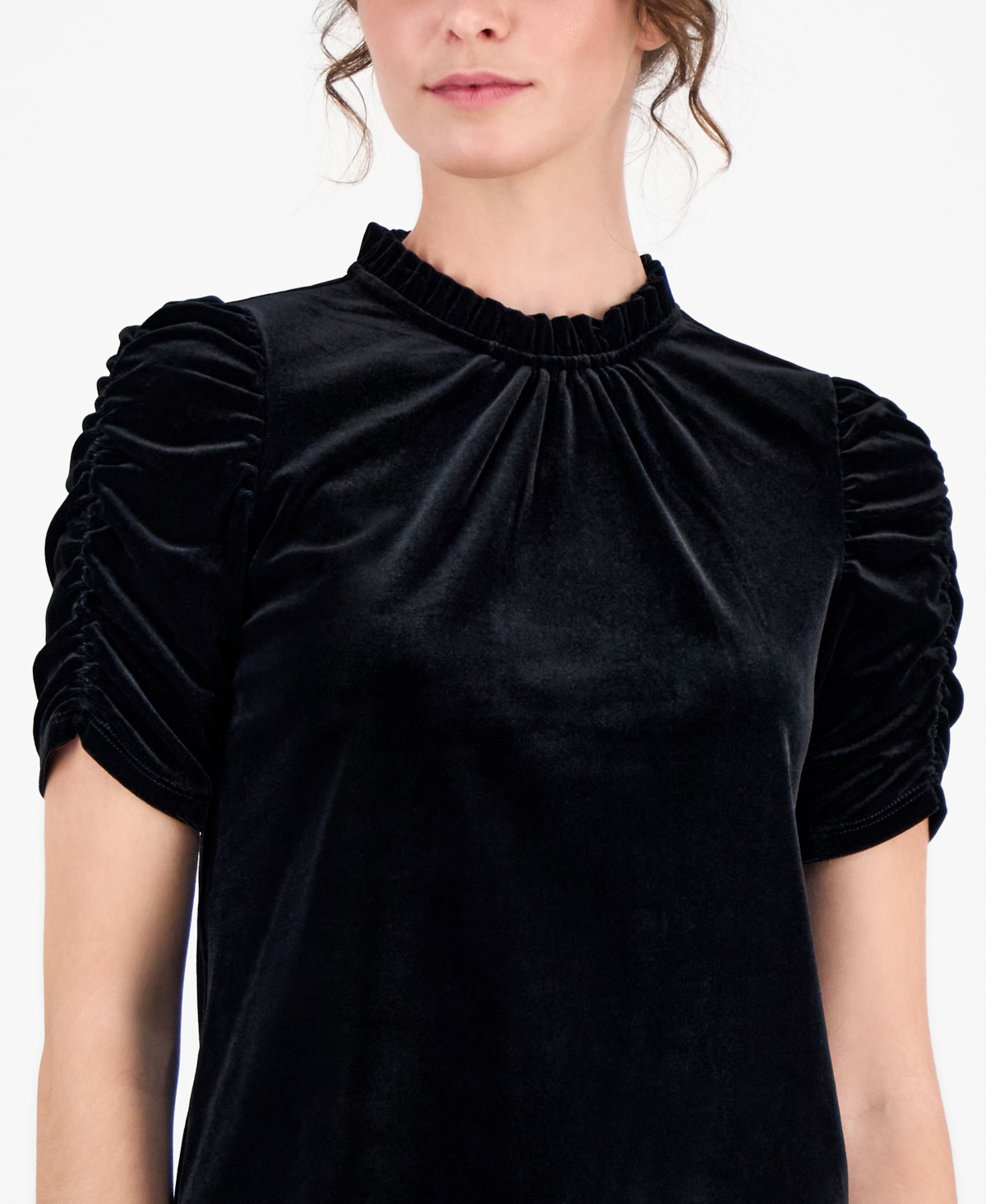 Anne Klein Women's Velour Ruffle-Neck Short-Sleeve Top