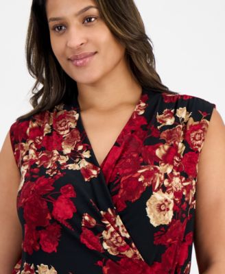 Plus Size Printed Sleeveless Faux-Wrap Top
