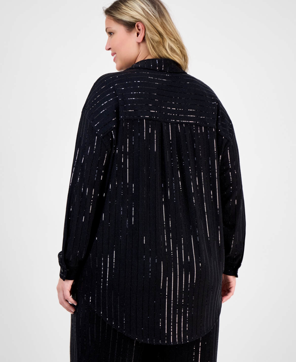 Anne Klein Plus Size Sequin Pinstripe Drop-shoulder Tunic Shirt In Black