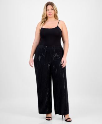 Anne Klein - Plus Size Sequin Pinstripe High-Rise Wide-Leg Pants
