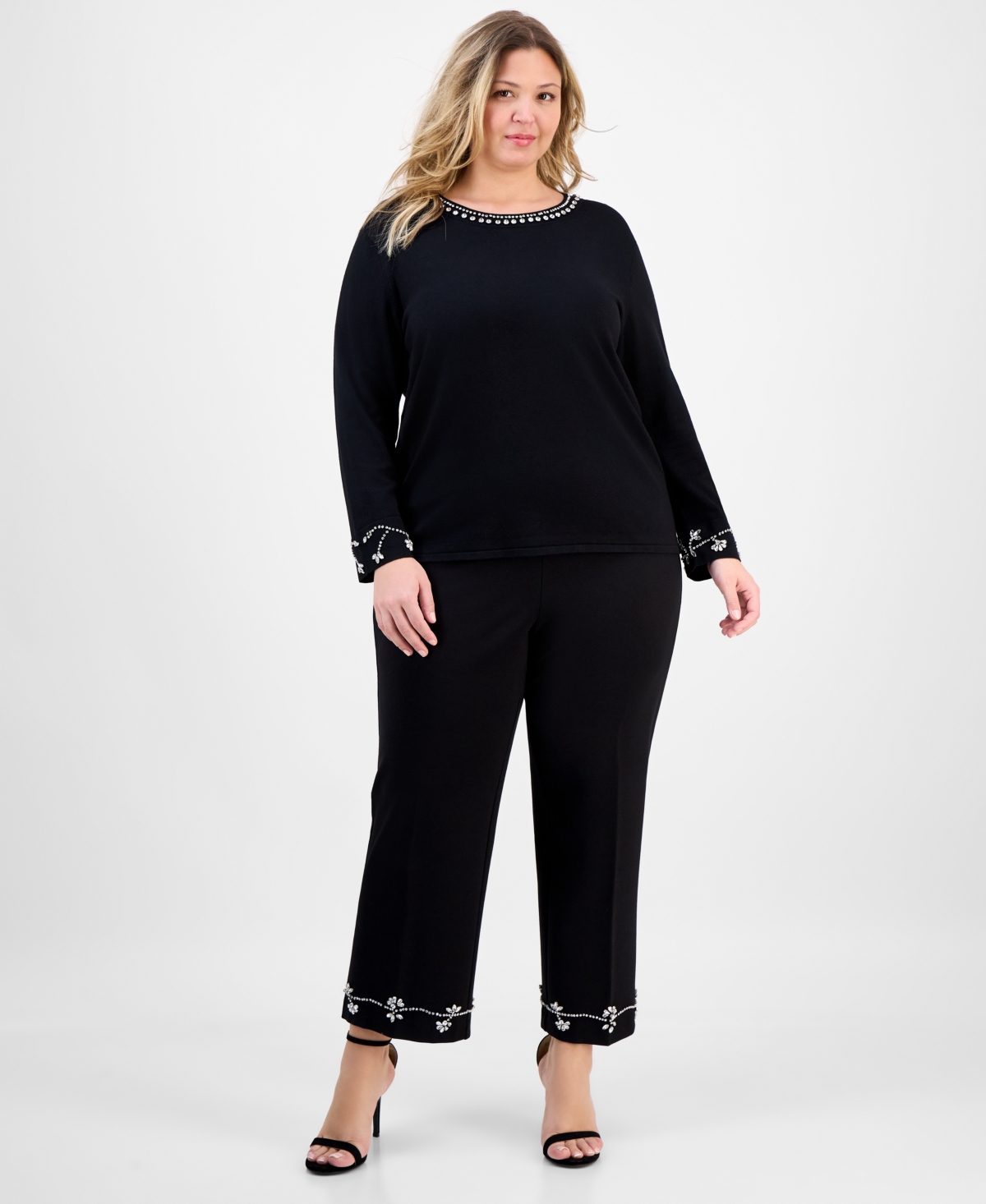 Anne Klein Plus Embellished Bracelet-Sleeve Sweater
