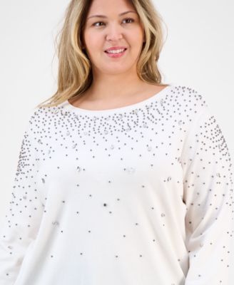 Plus Size Rhinestone Boat-Neck Long-Sleeve Sweater