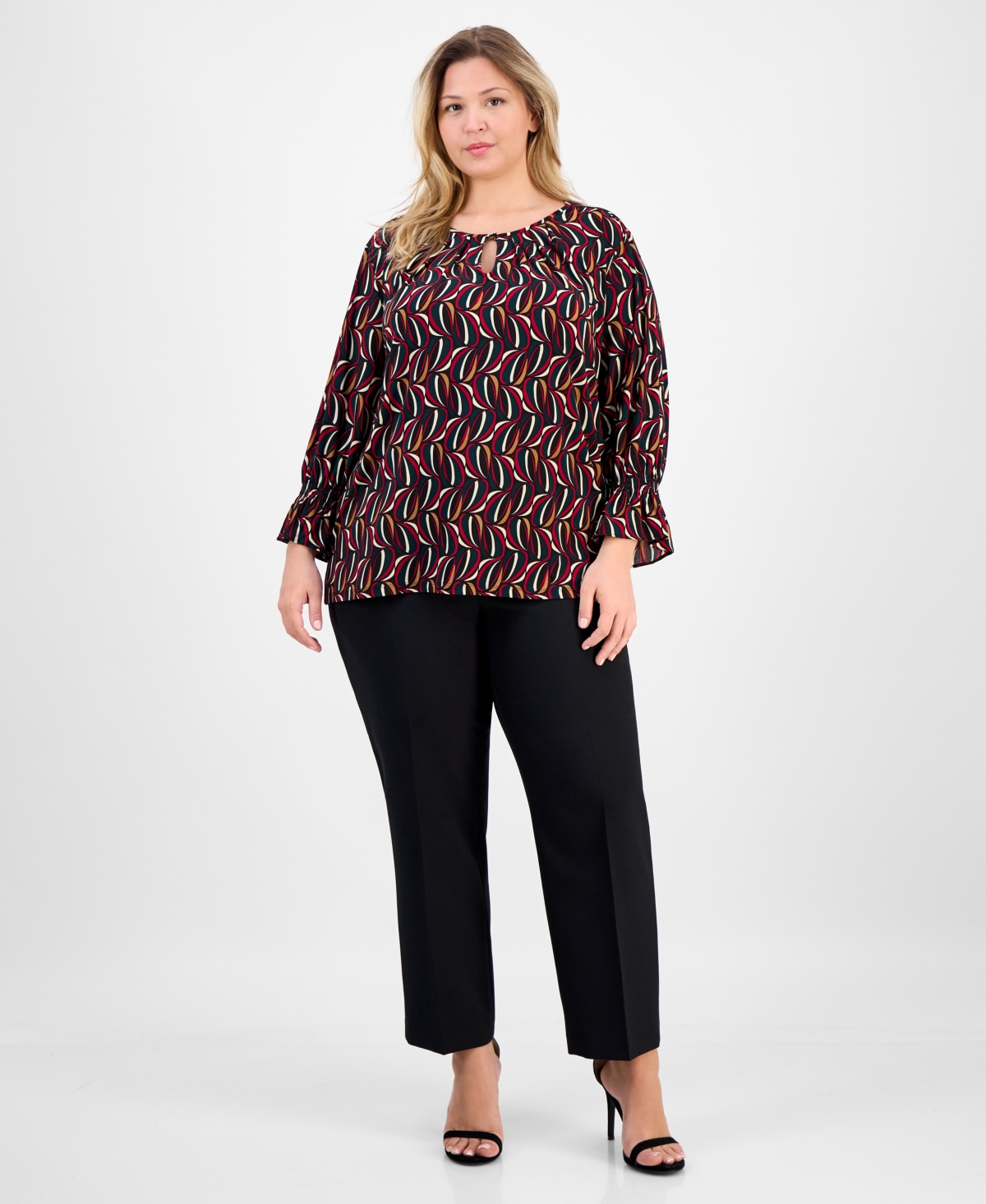 Ak Anne Klein Plus Size Printed 3/4-sleeve Keyhole Blouse In Brown