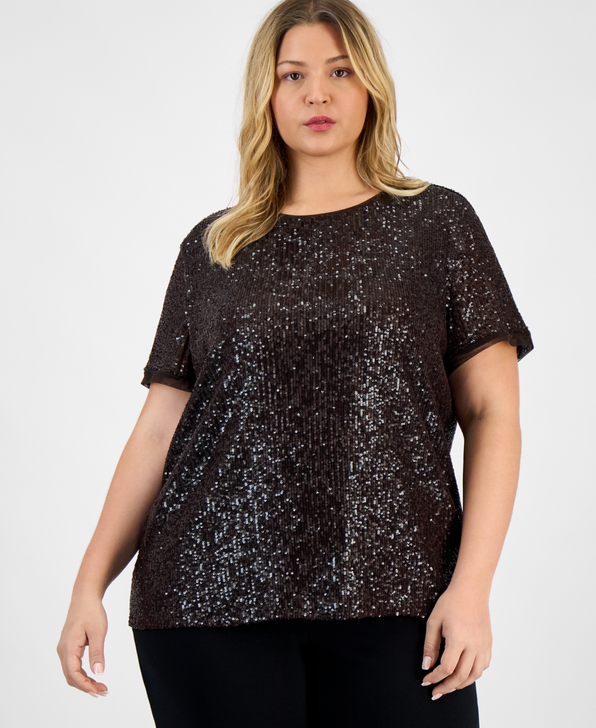 Anne Klein Plus Sequin Short-Sleeve Crewneck Tee
