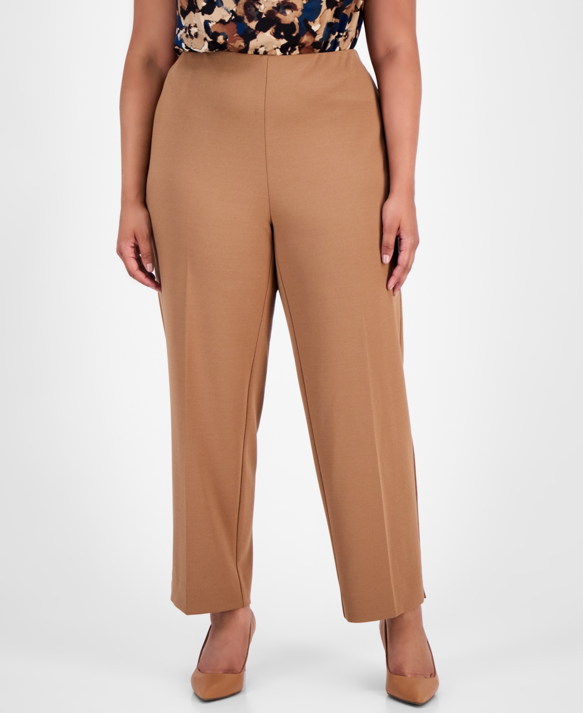 Anne Klein Plus Size High-rise Pull-on Straight-leg Ankle Pants In Brown