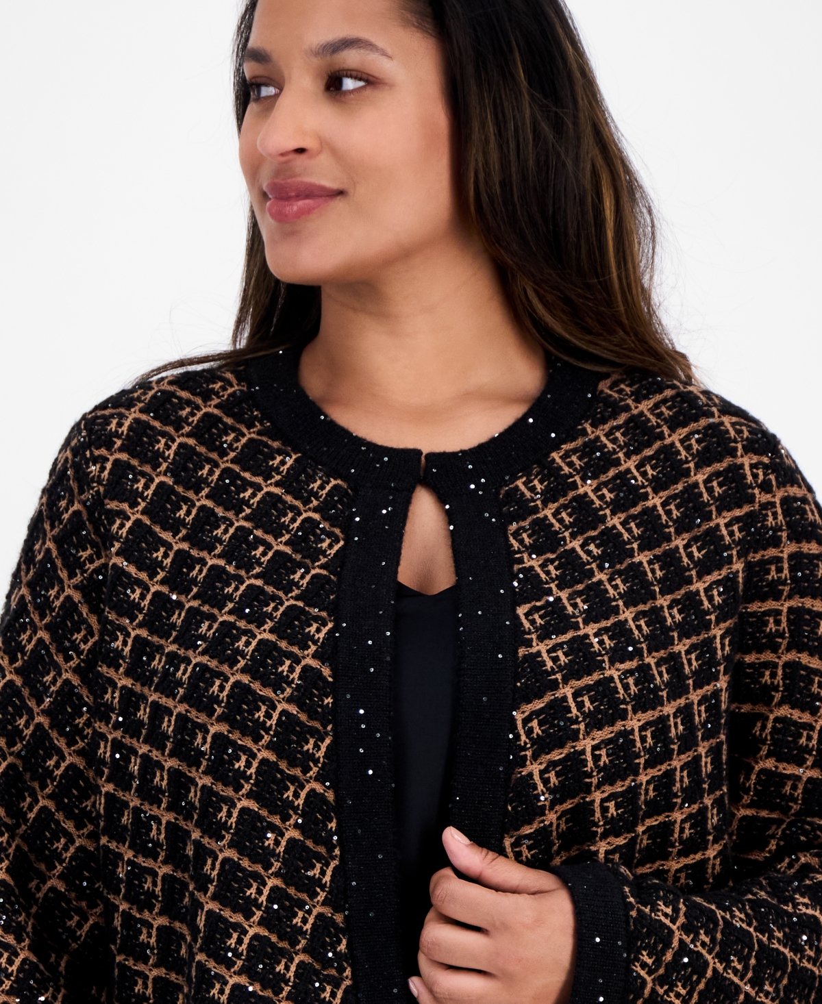 Anne Klein Plus Size Plaid-print Long-sleeve Sequin Cardigan In Animal Print
