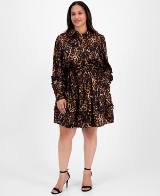 Anne Klein - Plus Size Printed Button-Front Tie-Waist Tiered Dress