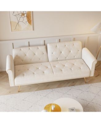 Beige Velvet Sofa Bed with Nailhead Trim & Throw Pillow