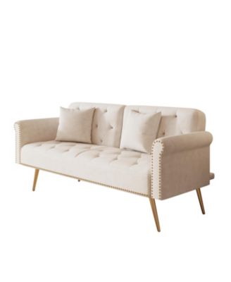 Beige Velvet Sofa Bed with Nailhead Trim & Throw Pillow