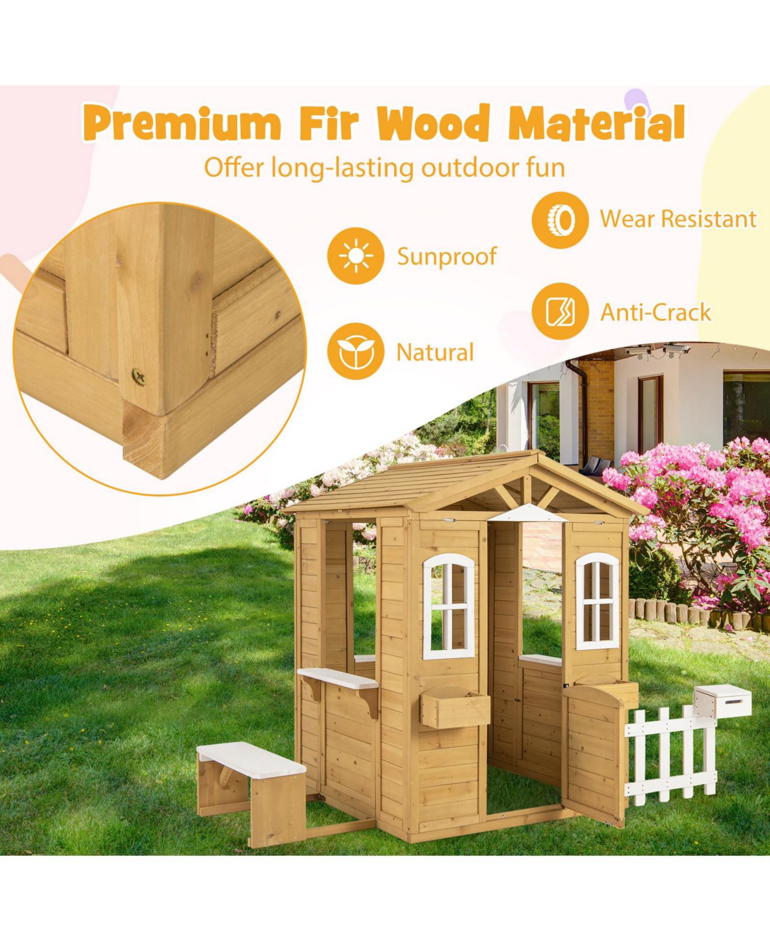 Wood Playhouse for Kids Outdoor Adventures Cottage w/ Bench Play Game Center
