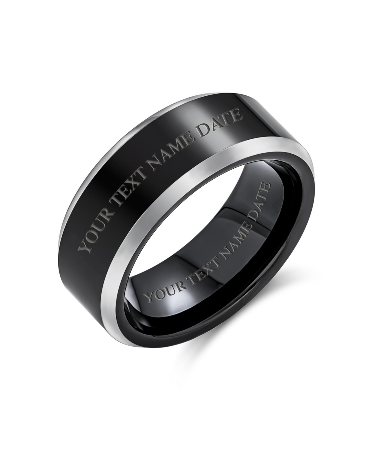 Bling Jewelry Simple Black Titanium Band Ring Silver Two Tone Beveled Edge Comfort Fit