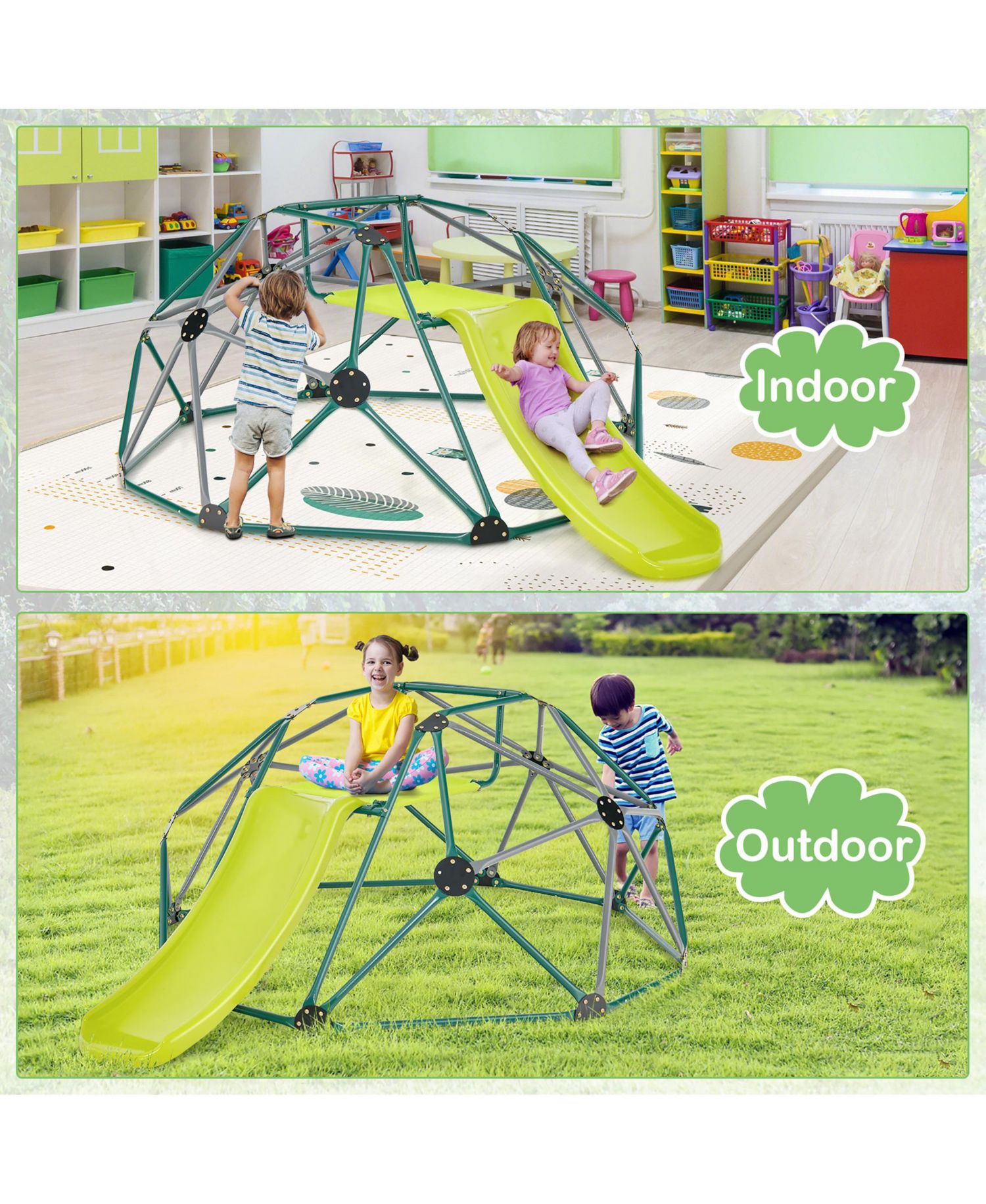 8FT Climbing Dome w/ Slide Outdoor Kids Jungle Gym Dome Climber Green and Gray