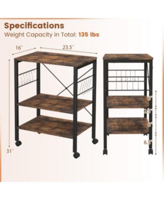 3-Tier Kitchen Baker&#39;s Rack with Microwave Shelf, Storage Hooks, and Utility Cart