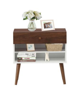 Mid-Century Nightstand with Storage Drawer and Tapered Rubber Wood Legs