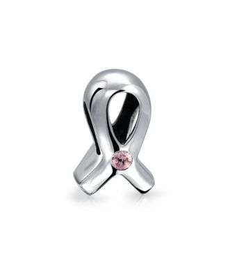 Ribbon Breast Cancer Survivor CZ Glass Solid Crystal Spacer Charm Bead Sterling
