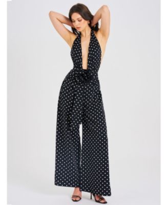 Women Oriana Black Polka Dots Halter Jumpsuit