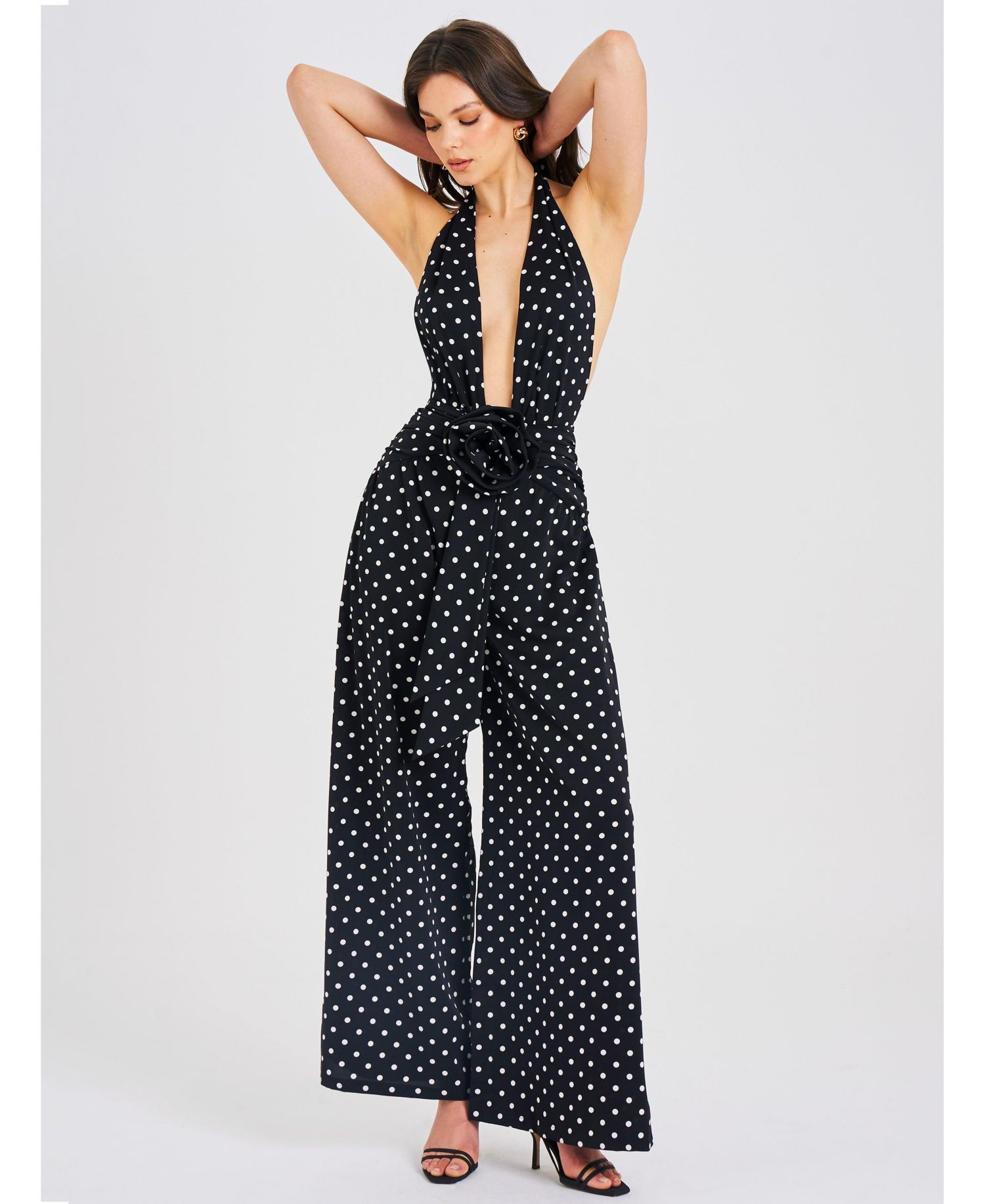 Women Oriana Black Polka Dots Halter Jumpsuit