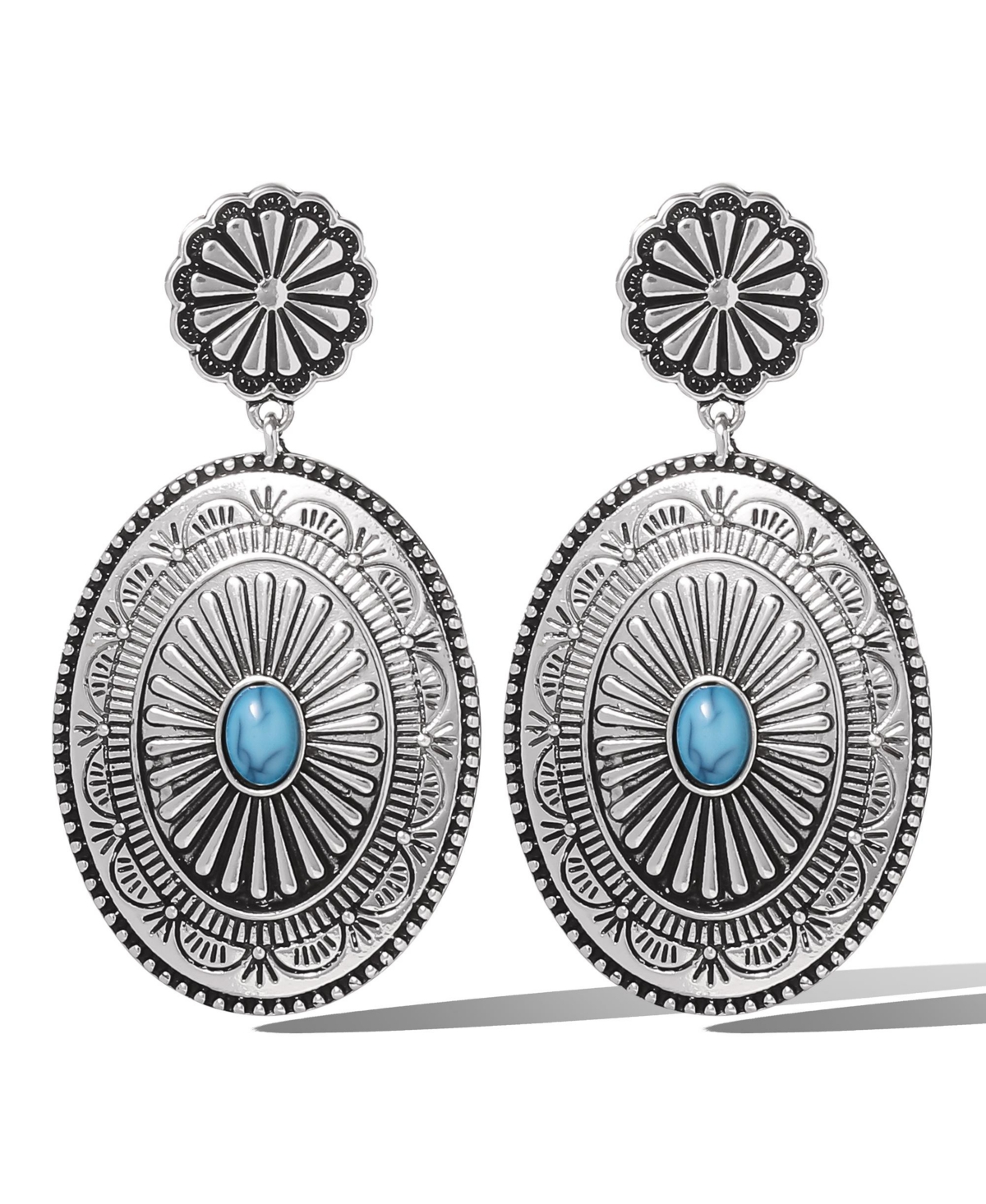 Western Round Concho Drop Earrings - Silver, blue