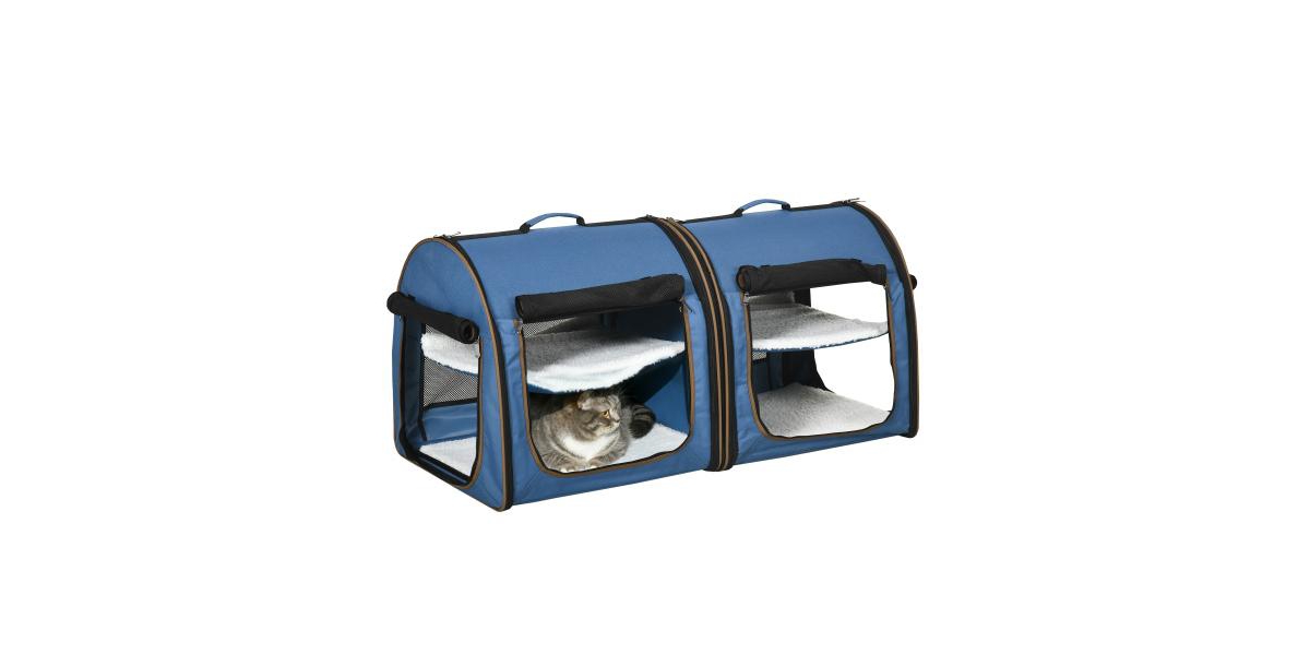 39&#x22; Portable Soft-Sided Pet Cat Carrier with Two Compartments, Soft Cushions & Storage Bag, Blue