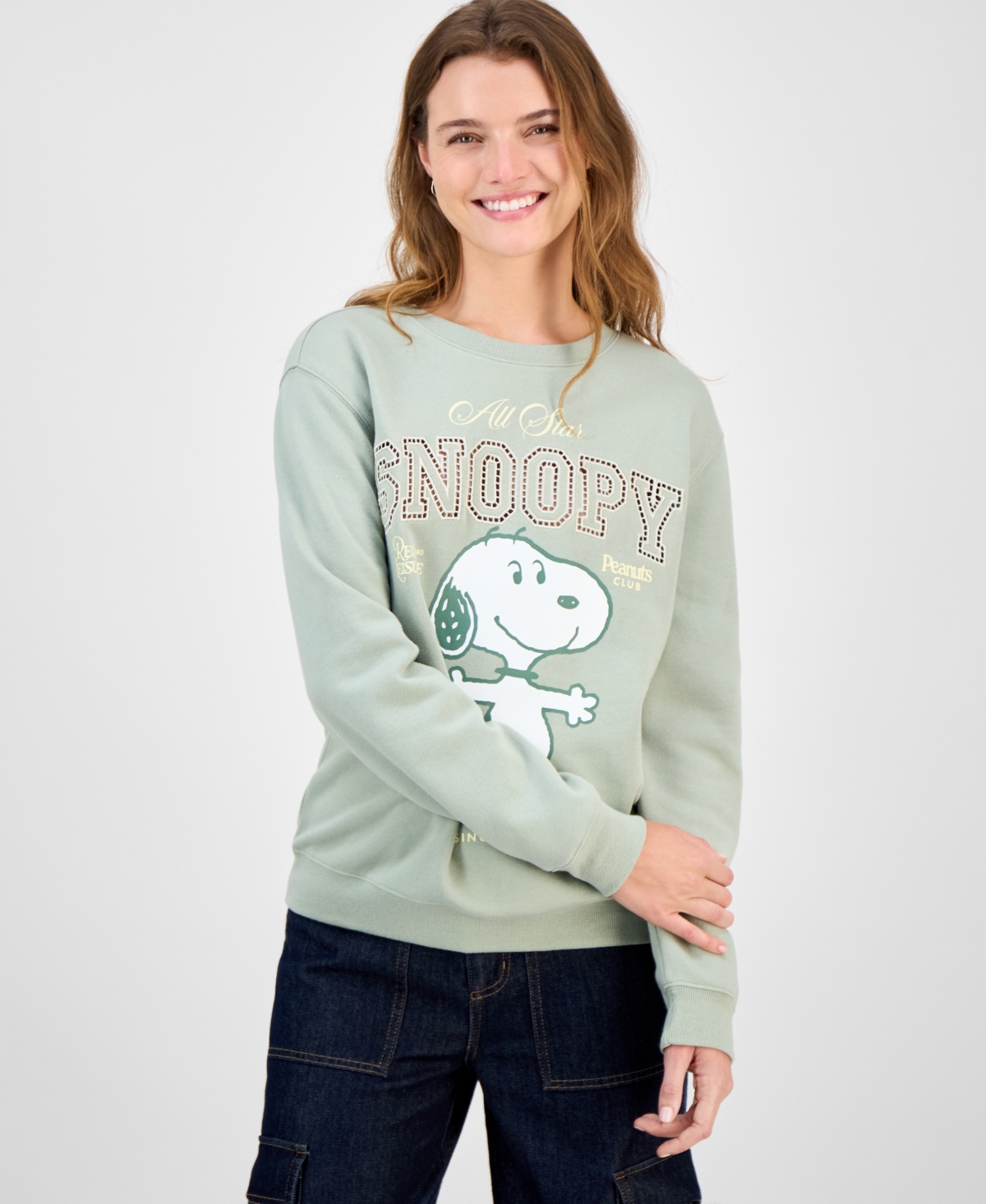 Hybrid Juniors' All Star Snoopy Crewneck Sweatshirt In Green