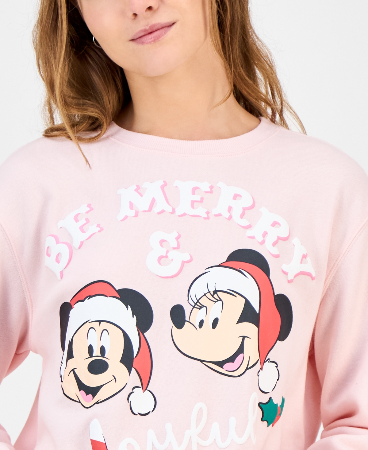 Disney Juniors' Merry & Joyful Crewneck Sweatshirt In Pink
