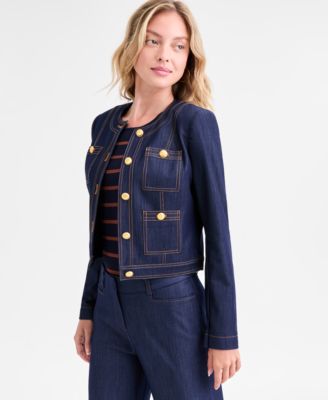 Women's Denim Cropped Jacket, Striped Sweater T-Shirt, & Denim Trousers