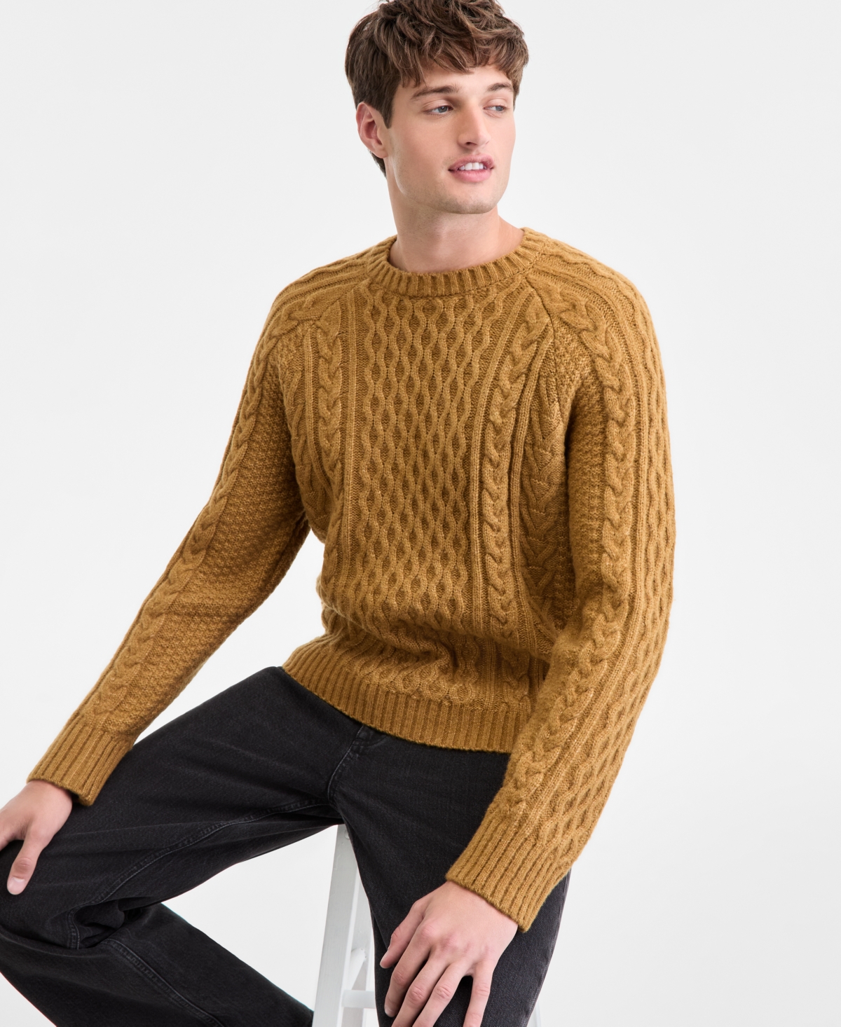 Sun + Stone Men's Long-sleeve Cozy Cable-knit Crewneck Sweater, Macy's Exclusive In Brown