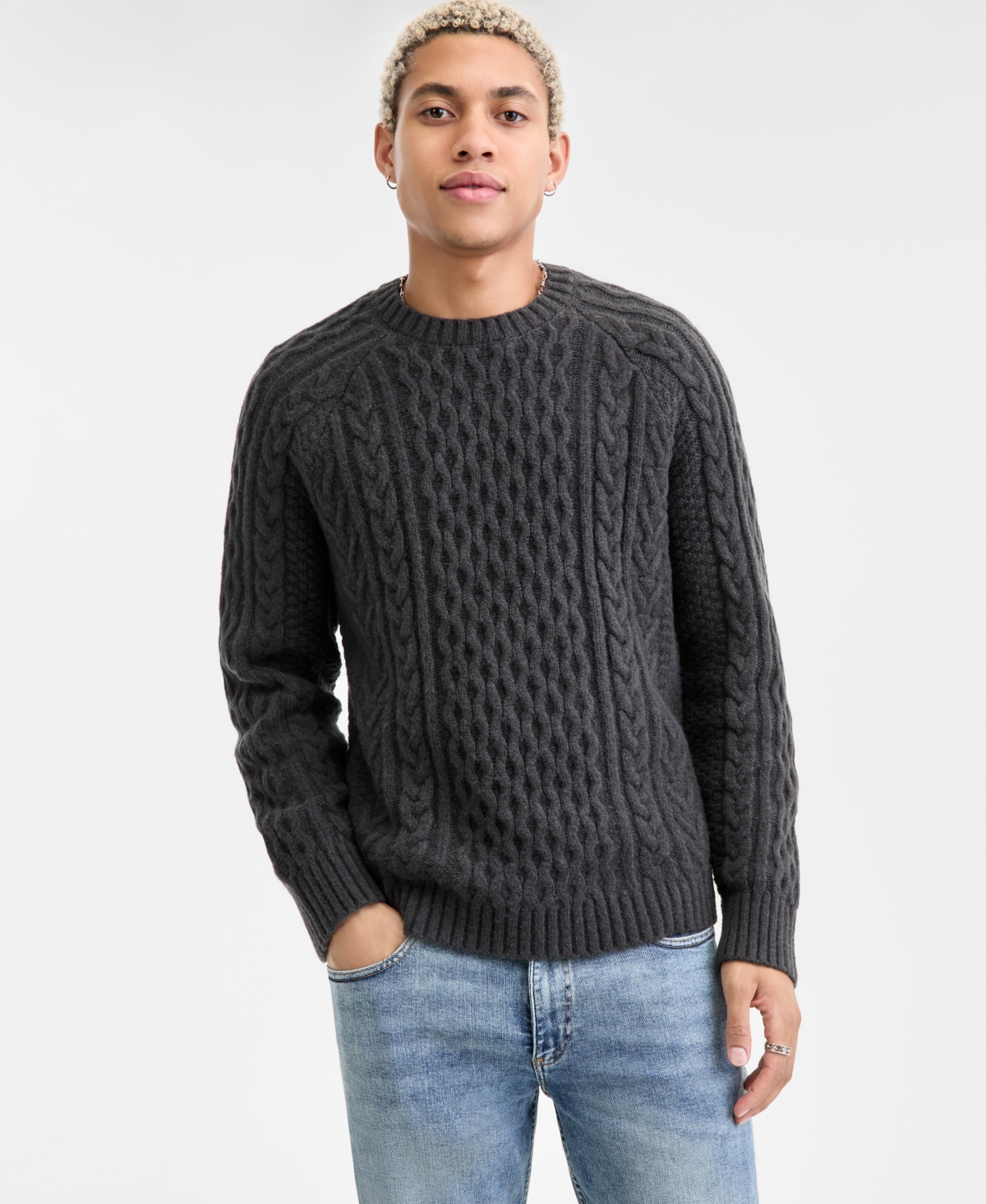 Sun + Stone Men's Long-sleeve Cozy Cable-knit Crewneck Sweater, Macy's Exclusive In Green