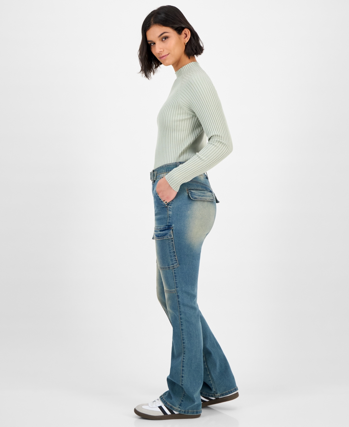 Madden Girl Juniors' Belted Cargo Bootcut Jeans In Blue