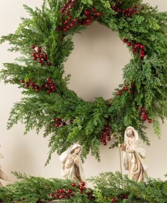 24" Polyethylene Christmas Dripping Cedar Wreath with Berries