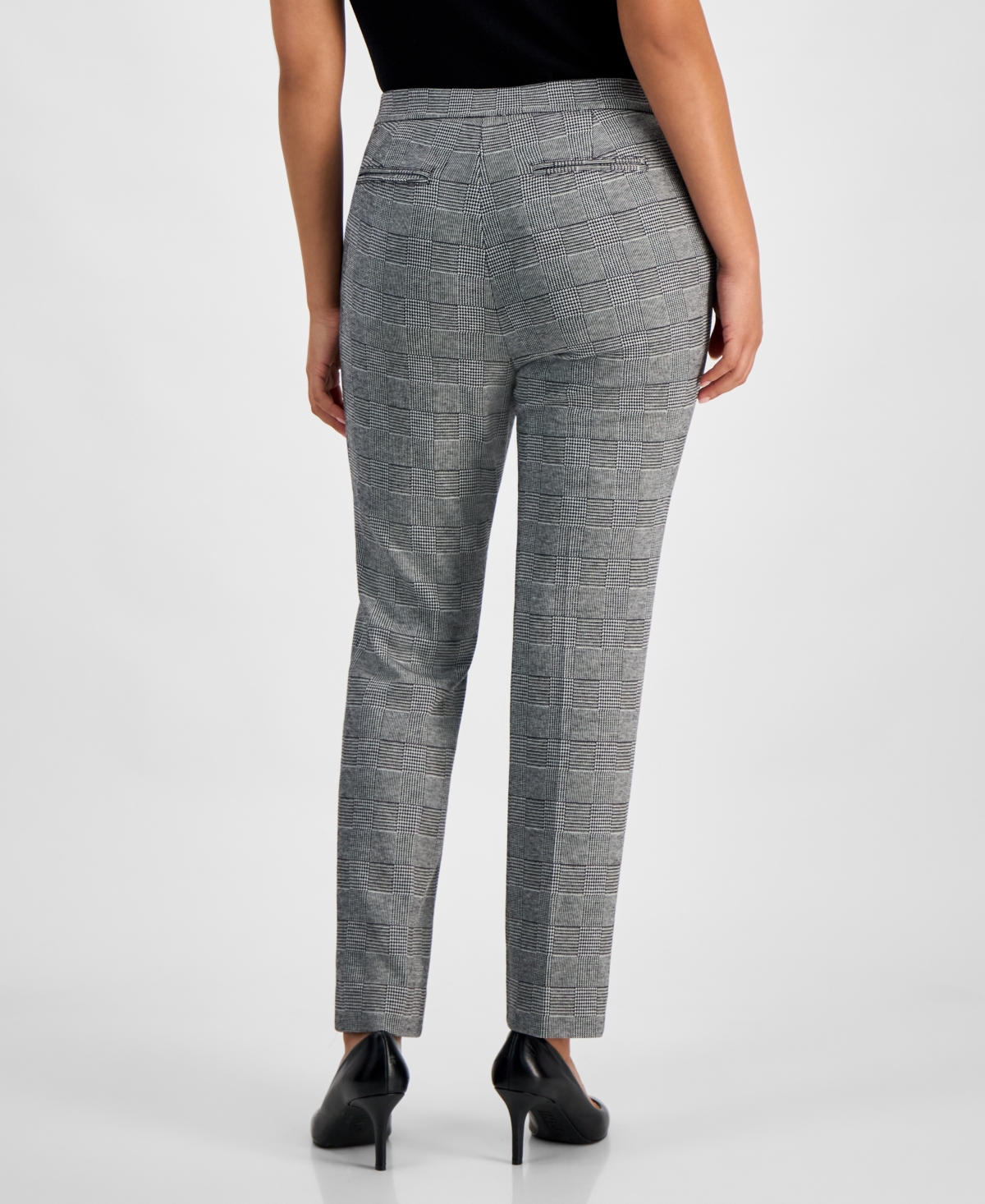 Ak Anne Klein Petite Glen Plaid Straight-leg Pants In Gray