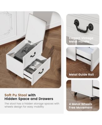 Flip-top vanity desk with mirror and stool.
