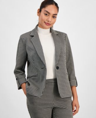 Petite Houndstooth-Print Roll-Tab Blazer