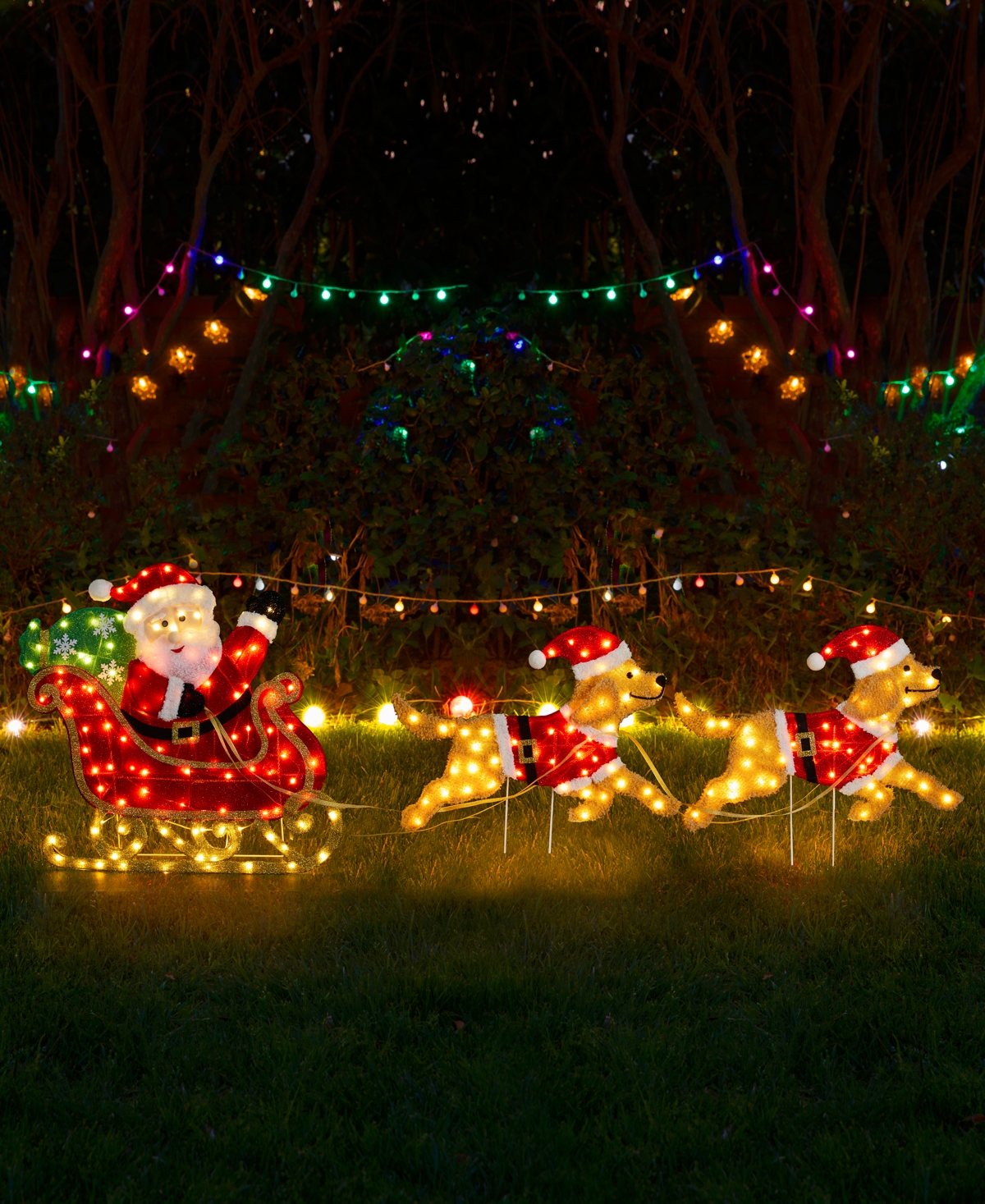 Glitzhome 90.5" Fabric Christmas 2d Dog With Santa Sleigh Lighted Outdoor Decor In Multi