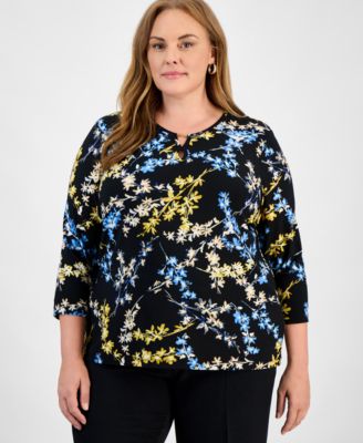 Jones New York - Plus Size Printed Keyhole Hardware 3/4-Sleeve Top