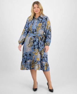 Jones New York - Plus Size Paisley Tie-Waist Tiered Midi Dress