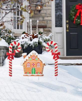 Metal Christmas Gingerbread House and Candy Cane Yard Stakes, Set of 3
