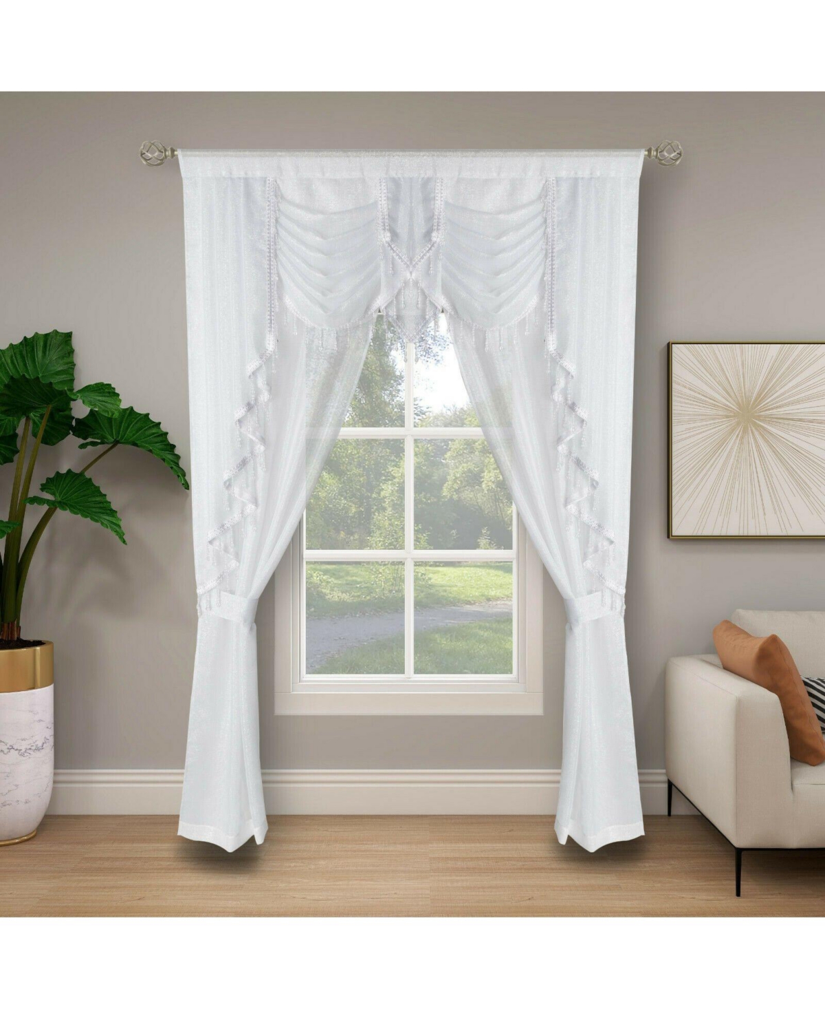 Ultra Glam Beaded Sparkly Sheer Window in a Bag Curtain Set - 58 in. W x 84 in. L, Rose - White