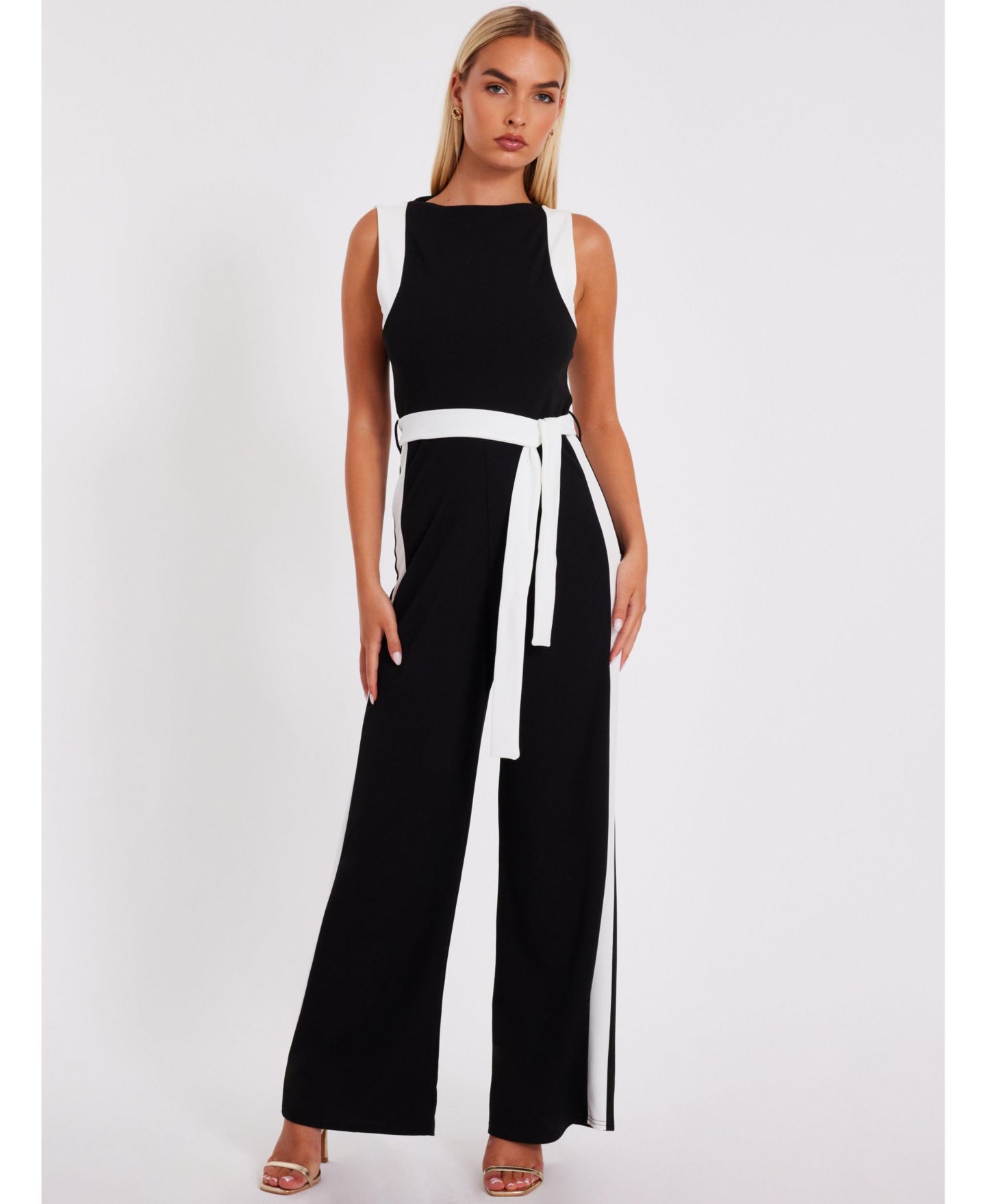 Женский комбинезон QUIZ Contrast Palazzo Jumpsuit, цвет: Чёрный — фото 3