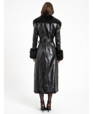 Women's Zella Black Fur Trim Faux Croc Leather Coat