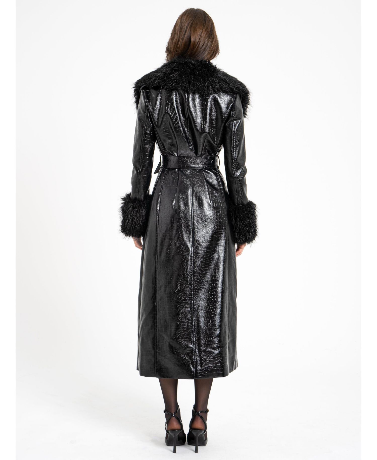 Women's Zella Black Faux Fur Trim Faux Croc Leather Coat