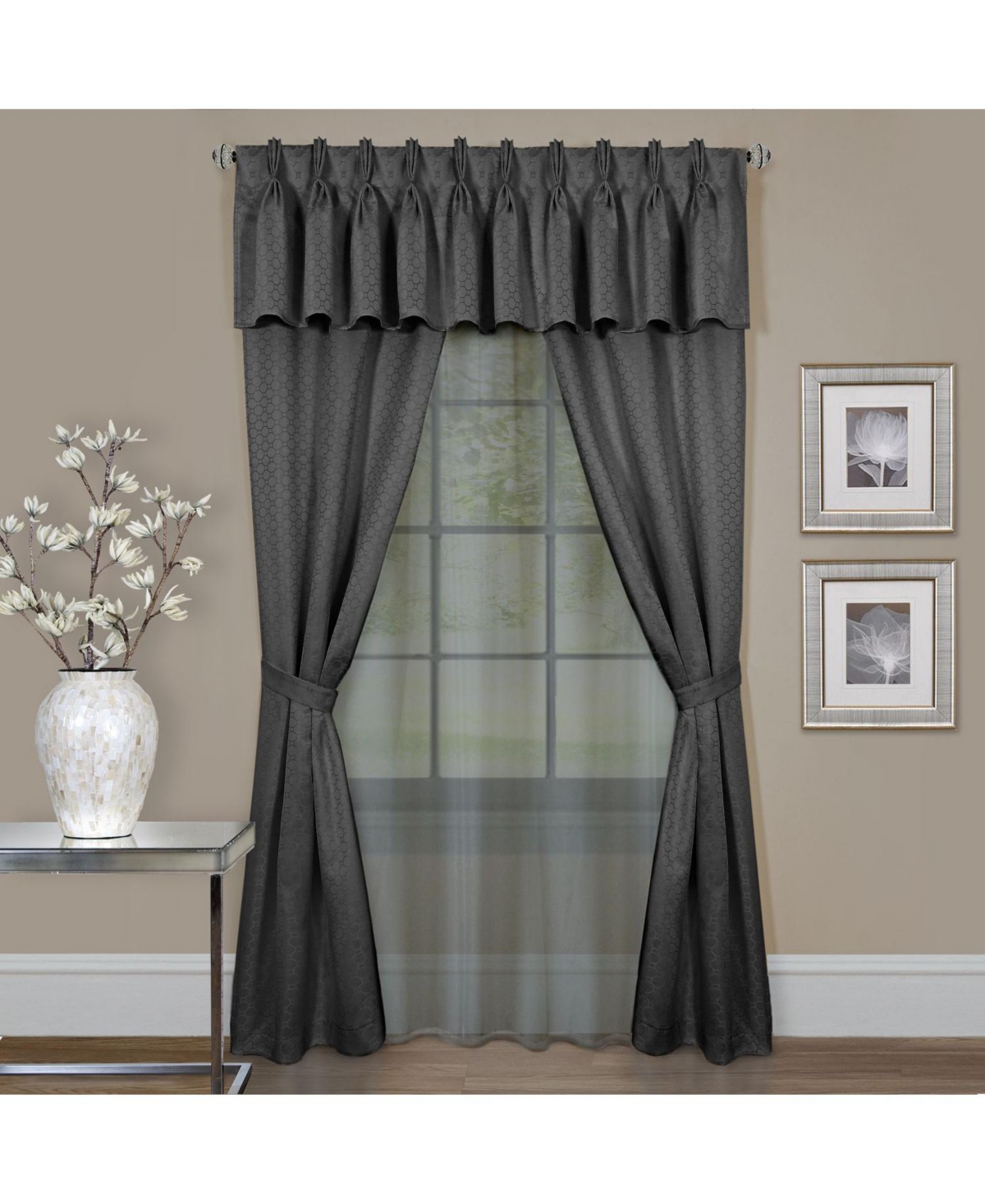 Complete 6 Piece Attached Custom Jacquard & Sheer Window Curtain Set - 63 in. Long - Ivory - Charcoal