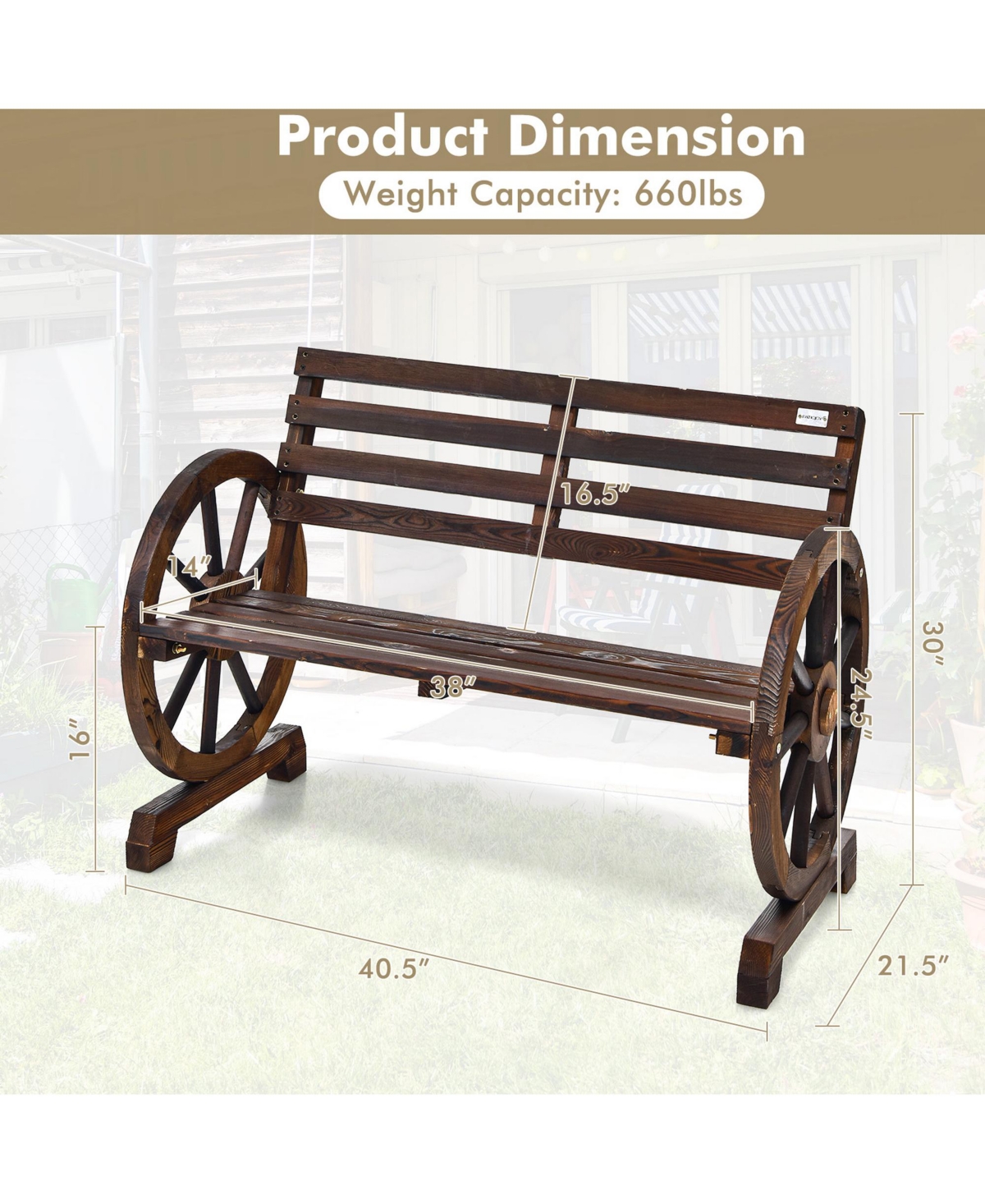 Gymax Patio Wagon Wheel Bench Outdoor Garden Wooden Rustic Bench w/ Slatted Design