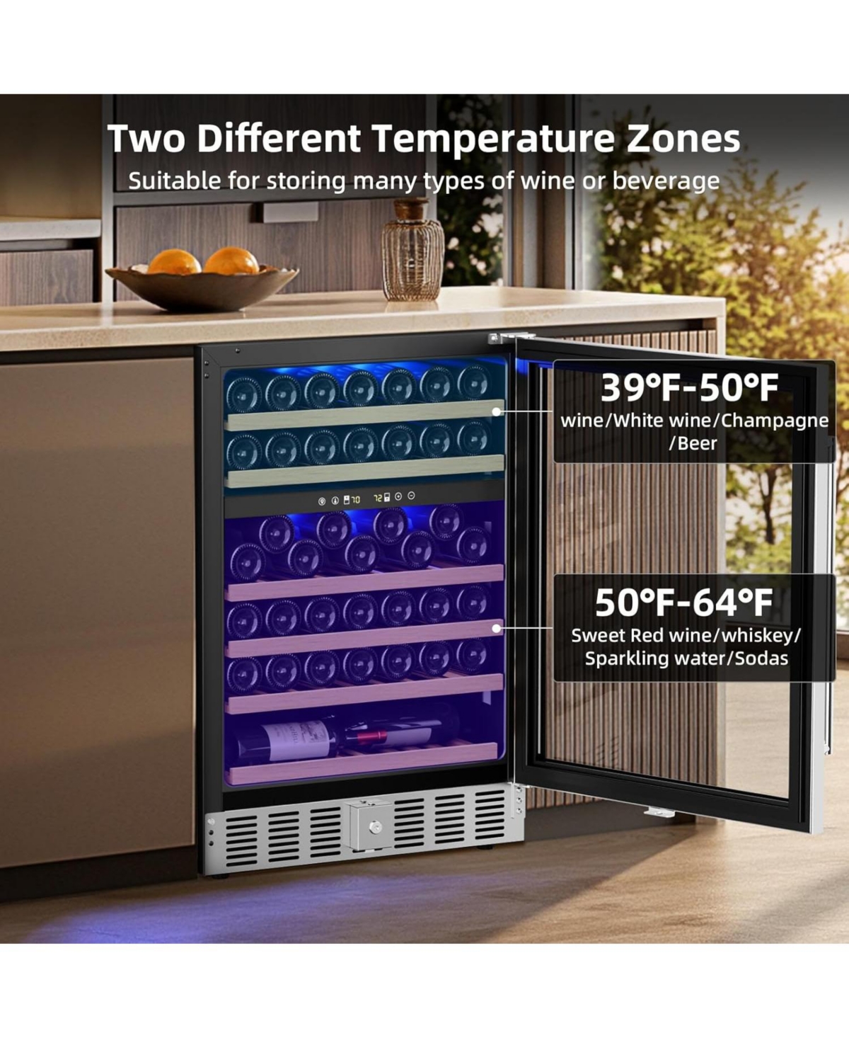 Cowsar 5.0 Cu. Ft. 39-64°F Dual Zone Beverage Cooler Refrigerator, Hold 150 Cans, Glass Door, Built in Wine Fridge with Wooden Shelves, Lockable